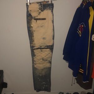 Denim jeans with gold rhinestones